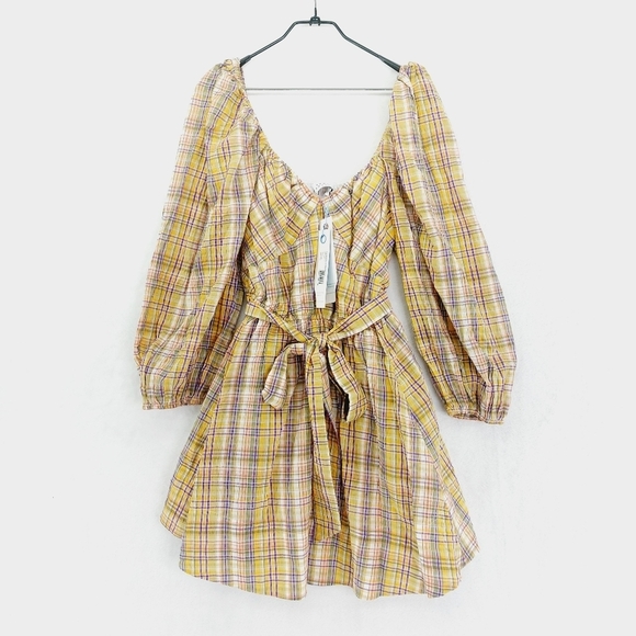 New Tanya Taylor Women's Yellow Xena Plaid Tie-Waist Long Sleeve Dress P5164 - Picture 2 of 10